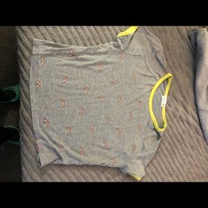 Gray and yellow crop top with rainbows.